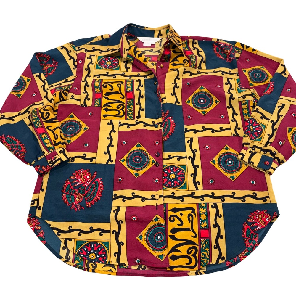 Vintage‎ Scarf Print Button Down Blouse Maximalist Women 12 Multi Susan Hutton